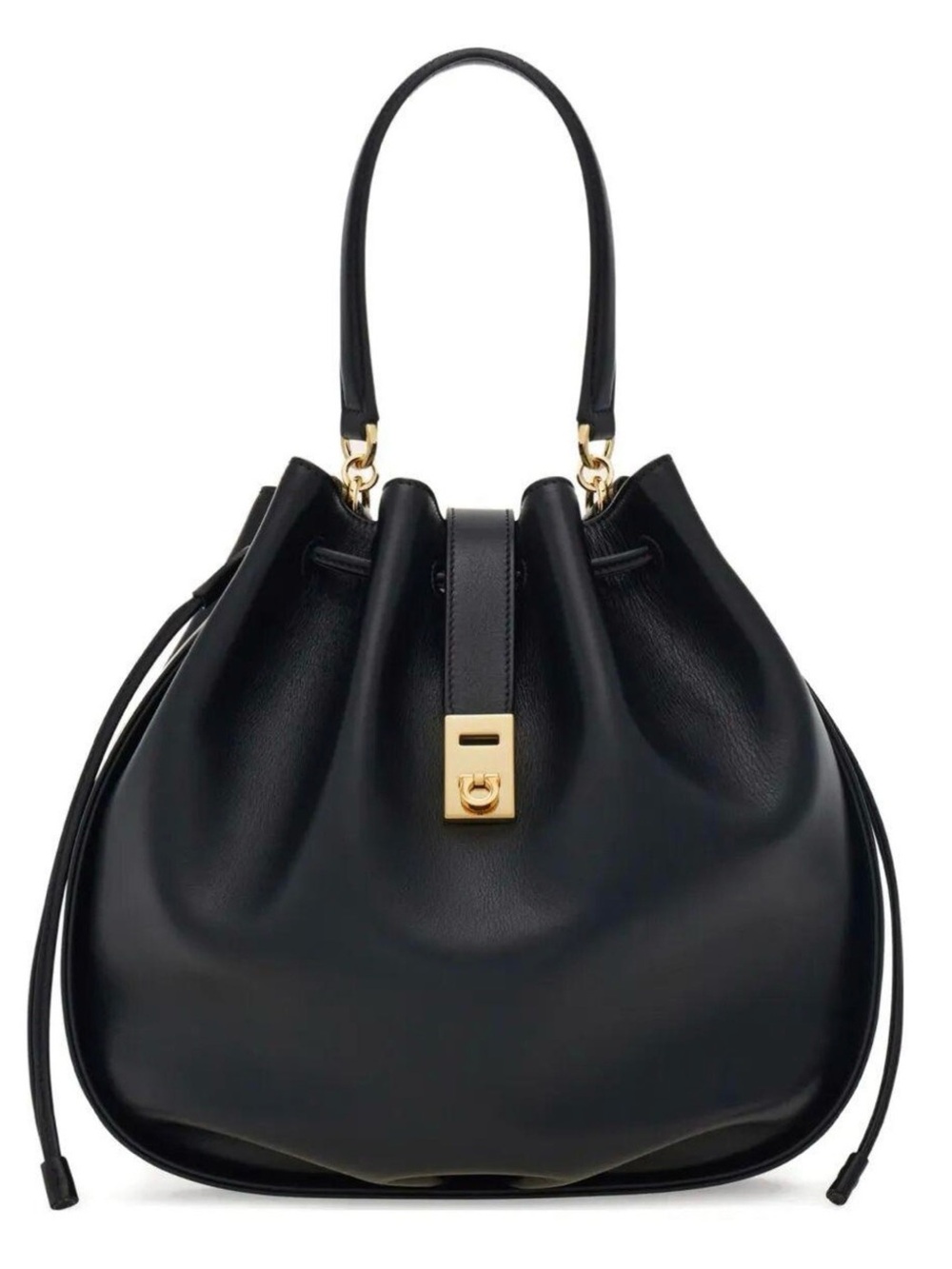 Black Leather Hug Bucket Tote Bag with Gold Hardware
